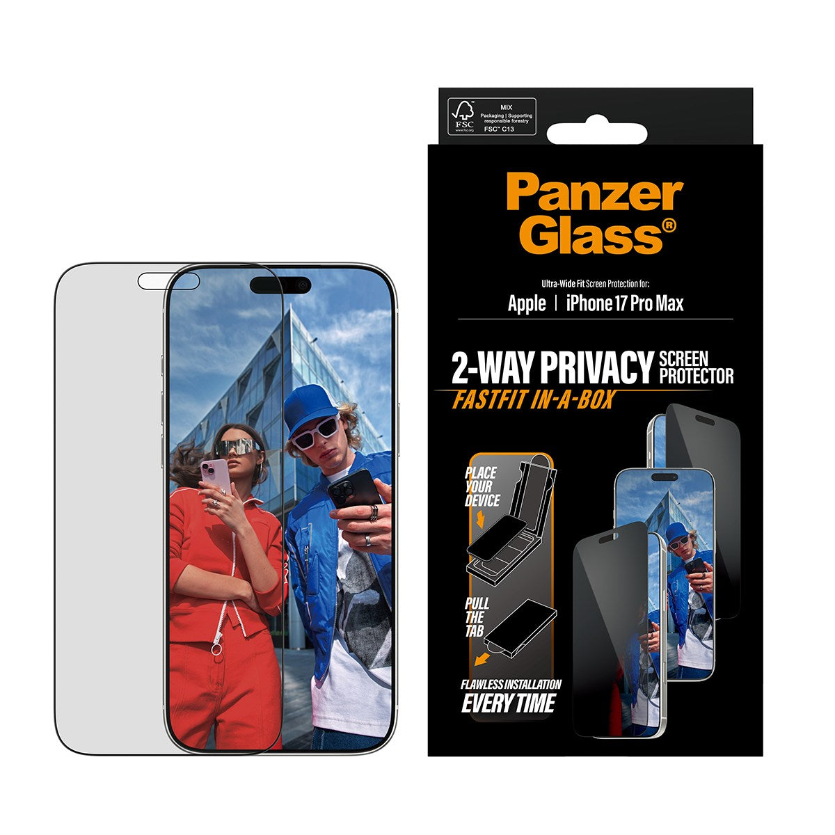PanzerGlass® Privacy Screen Protector w. Black Frame iPhone 17 Pro Max | Ultra-Wide Fit w. FASTFIT IN-A-BOX